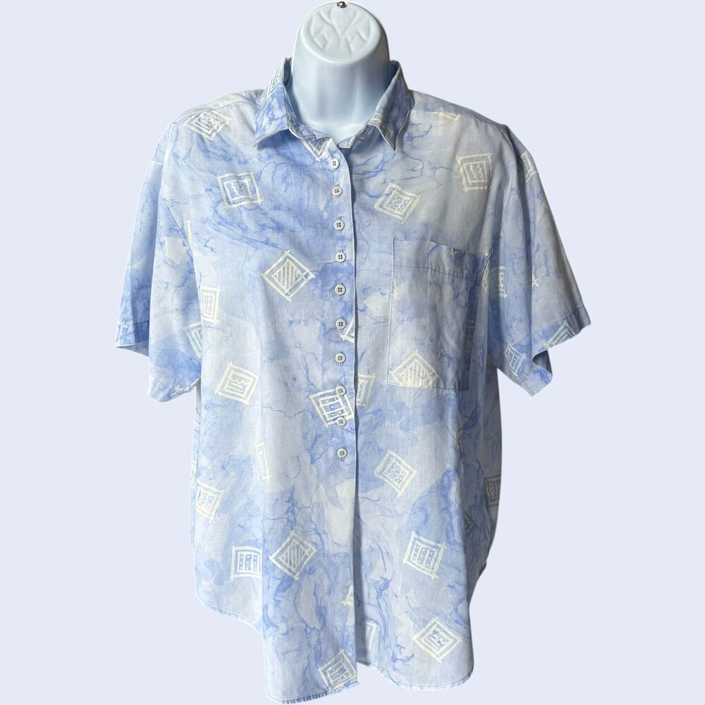 Oak Hill Made in USA abstract marble print short sleeve button shirt blue 90s
